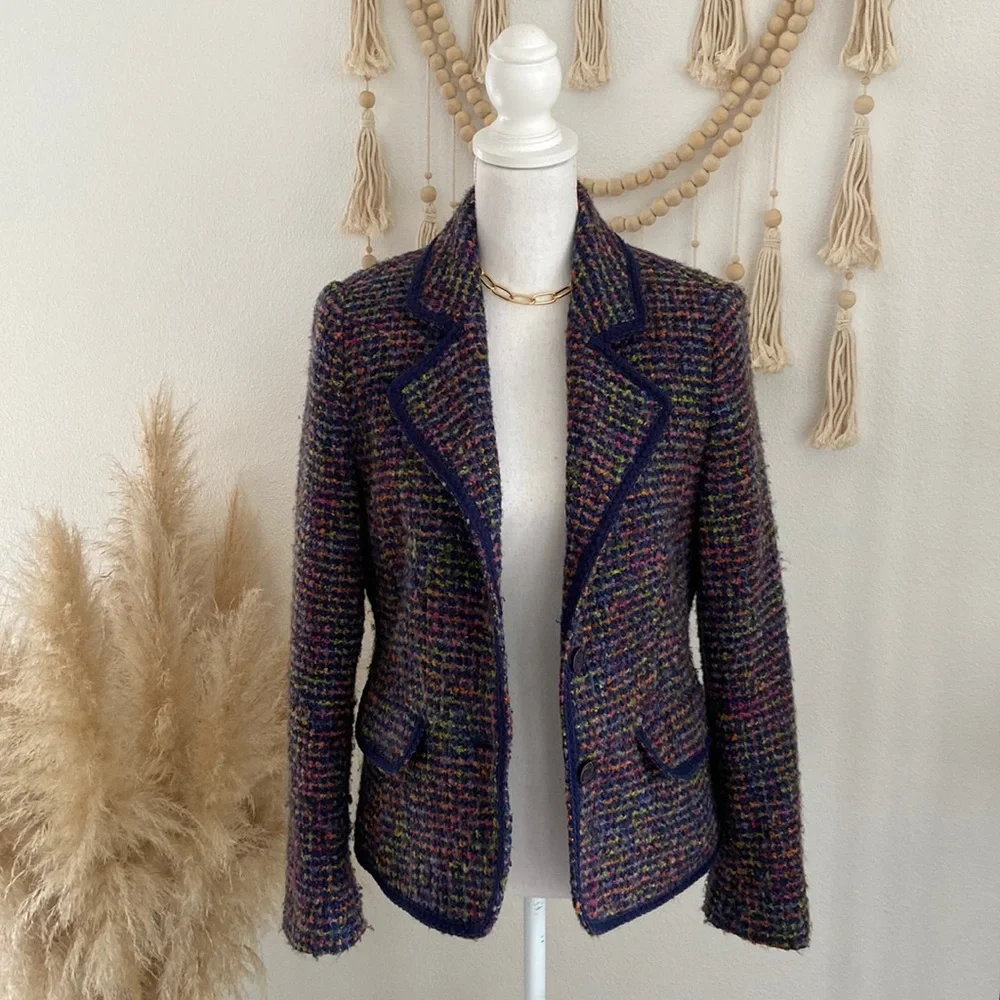Tribal boucle tweed jacket wool woven blazer navy blue pink Chanel vibes 10 - Picture 1 of 14